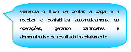 Texto explicativo retangular com cantos arredondados: Gerencia o fluxo de contas a pagar e a receber e contabiliza automaticamente as operaes, gerando balancetes e demonstrativo de resultado imediatamente.


