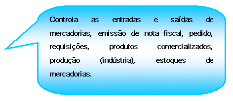 Texto explicativo retangular com cantos arredondados: Controla as entradas e sadas de mercadorias, emisso de nota fiscal, pedido, requisies, produtos comercializados, produo (indstria), estoques de mercadorias.

