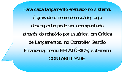Texto explicativo retangular com cantos arredondados: Para cada lanamento efetuado no sistema,  gravado o nome do usurio, cujo desempenho pode ser acompanhado atravs do relatrio por usurios, em Crtica de Lanamentos, no Controller Gesto Financeira, menu RELATRIOS, sub-menu CONTABILIDADE.