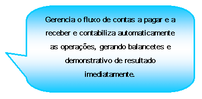 Texto explicativo retangular com cantos arredondados: Gerencia o fluxo de contas a pagar e a receber e contabiliza automaticamente as operaes, gerando balancetes e demonstrativo de resultado imediatamente.

