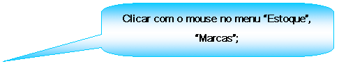 Texto explicativo retangular com cantos arredondados: Clicar com o mouse no menu Estoque, Marcas;

