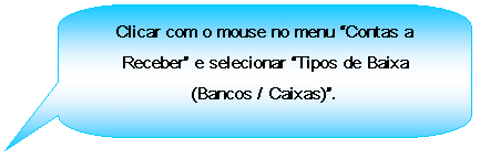 Texto explicativo retangular com cantos arredondados: Clicar com o mouse no menu Contas a Receber e selecionar Tipos de Baixa (Bancos / Caixas).